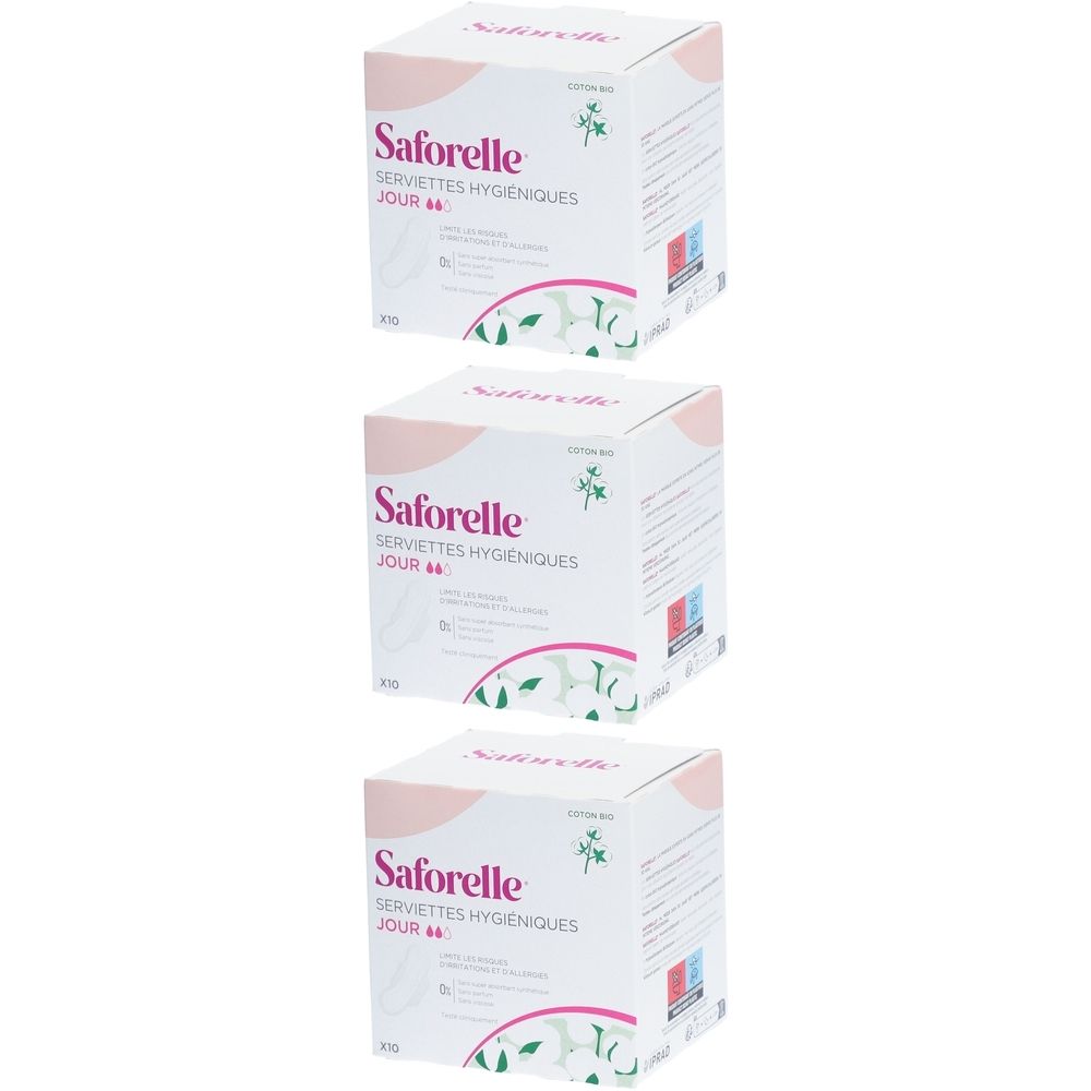 Trois boîtes de serviettes hygiéniques Saforelle Jour. Emballage blanc avec accents roses et logo.