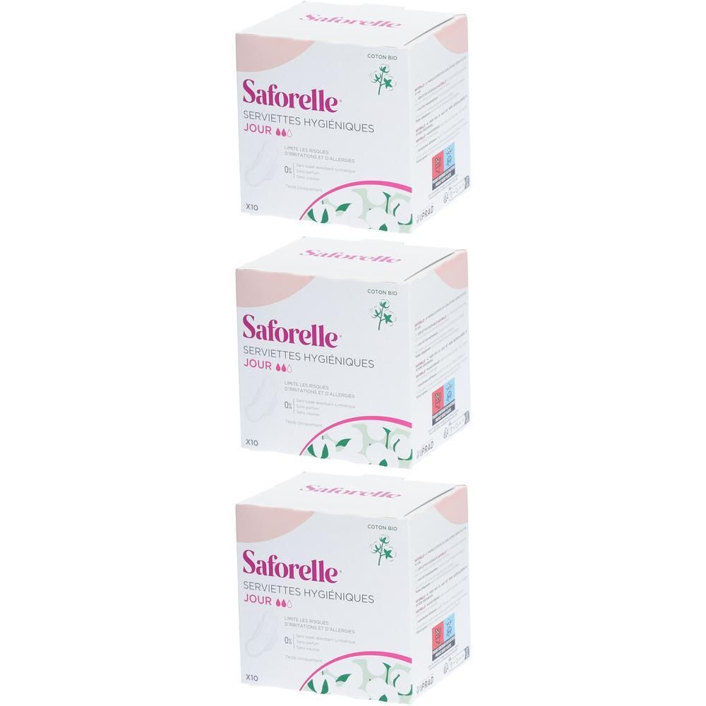 Drie vierkante dozen. Opschrift: Saforelle, Serviette Hygiénique, Dag. Roze en groene elementen.
