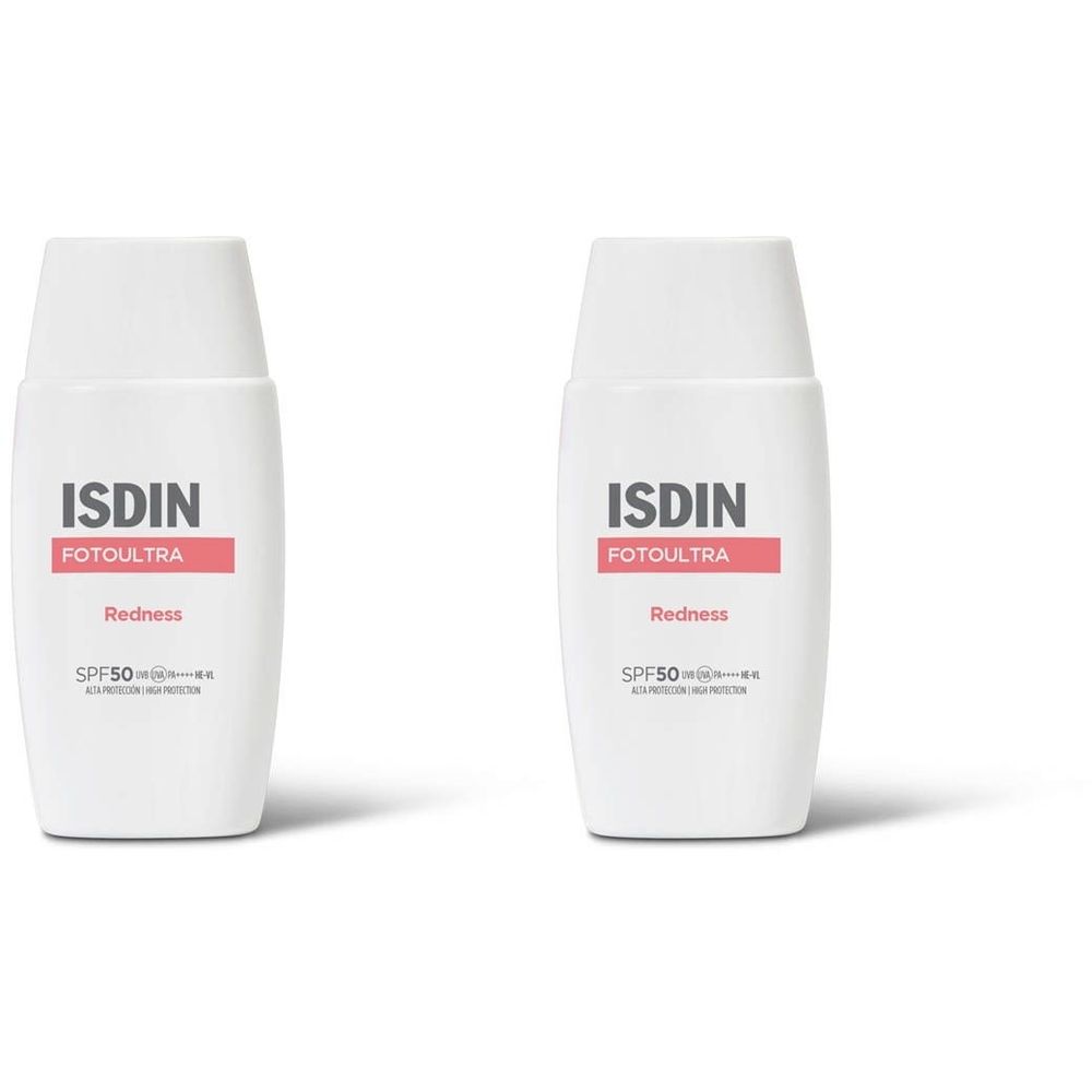 Deux flacons blancs avec texte rouge. Inscription: ISDIN, FOTOULTRA, Redness, SPF50+.