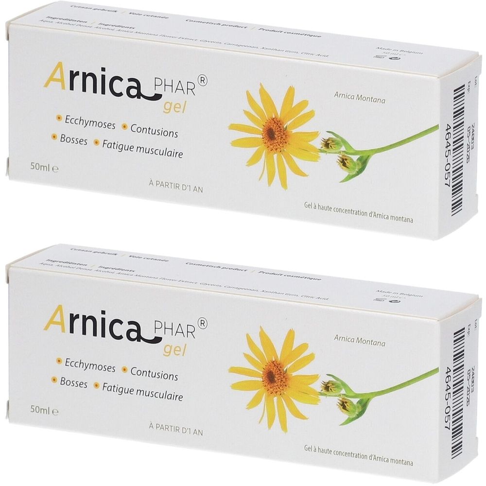 Twee witte dozen met productopdruk. Opschrift: Arnica PHAR gel, gele bloem, tekst voor blauwe plekken en spiervermoeidheid.