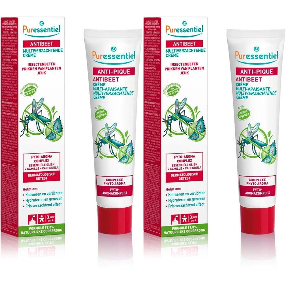 Crèmetube met rode dop en doos. Opschrift: Anti-Pique, Antibite, Multi-Apaisante. Merk: Puressentiel. Illustratie van insecten.