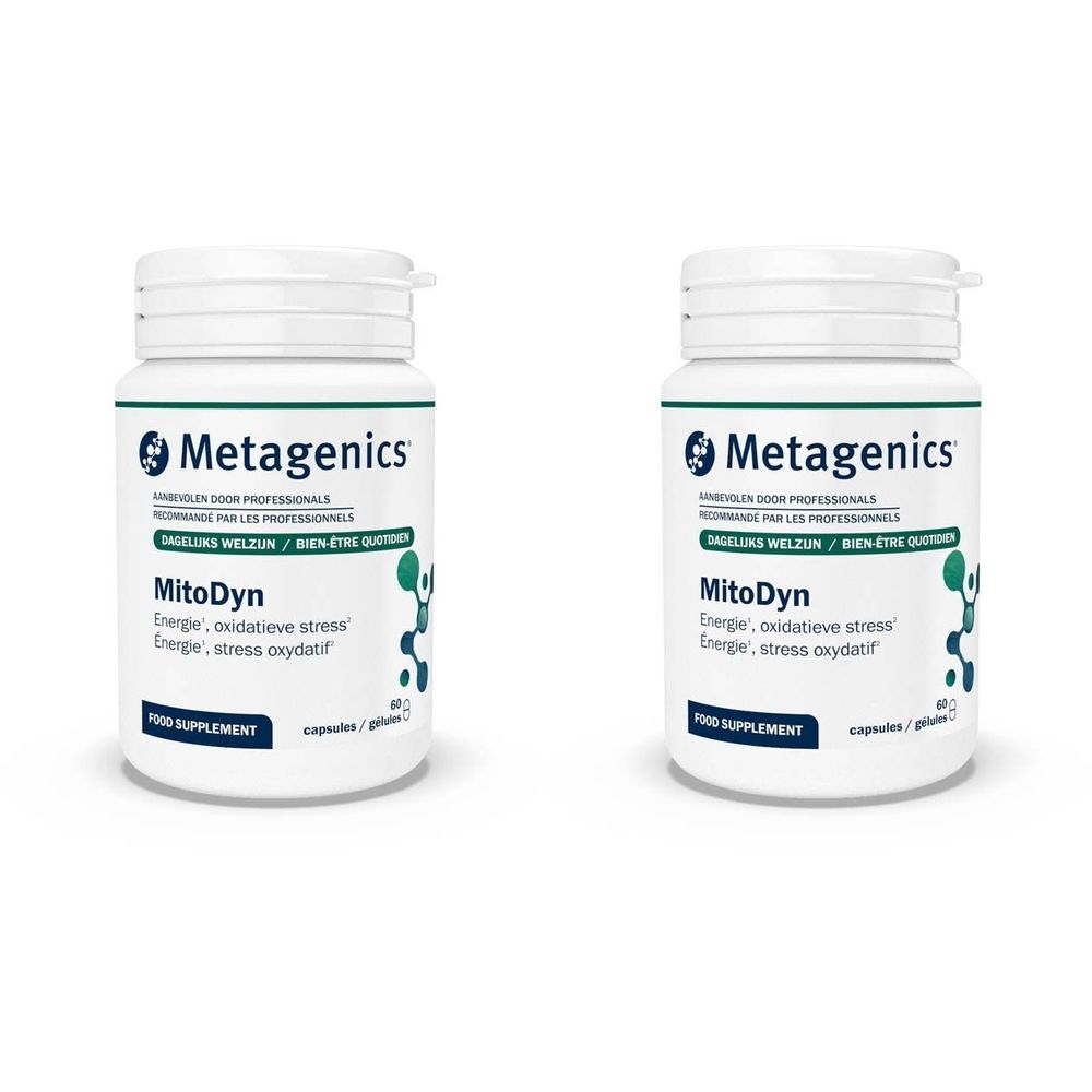 Deux flacons blancs de gélules. Inscription: Metagenics, MitoDyn, Energie, stress oxydatif. Éléments bleus et verts.