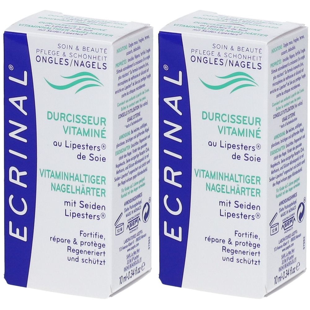 Deux boîtes ECRINAL Durcisseur Vitaminé. Emballage blanc avec texte bleu. Inscription: Durcisseur Vitaminé, Ongles/Nagels.