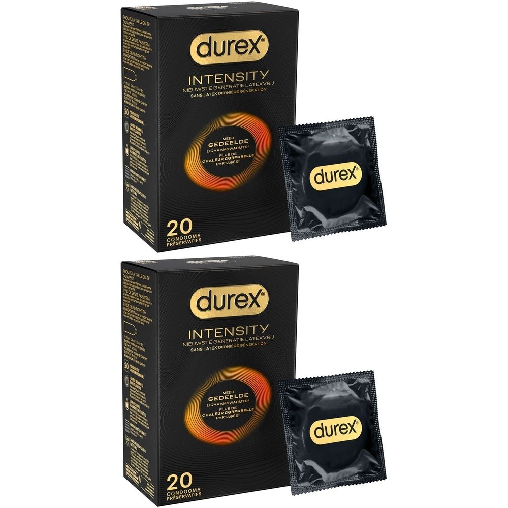 Deux boîtes noires de préservatifs Durex Intensity, chacune contenant 20 préservatifs. Préservatifs individuels en sachets noirs.