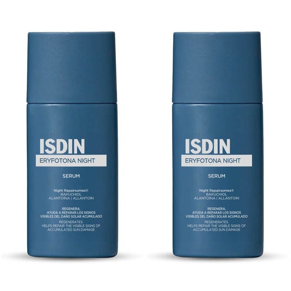 Deux flacons bleus avec étiquette ISDIN Eryfotona Night Serum. Texte: Régénère, aide à réparer les signes visibles des dommages solaires.