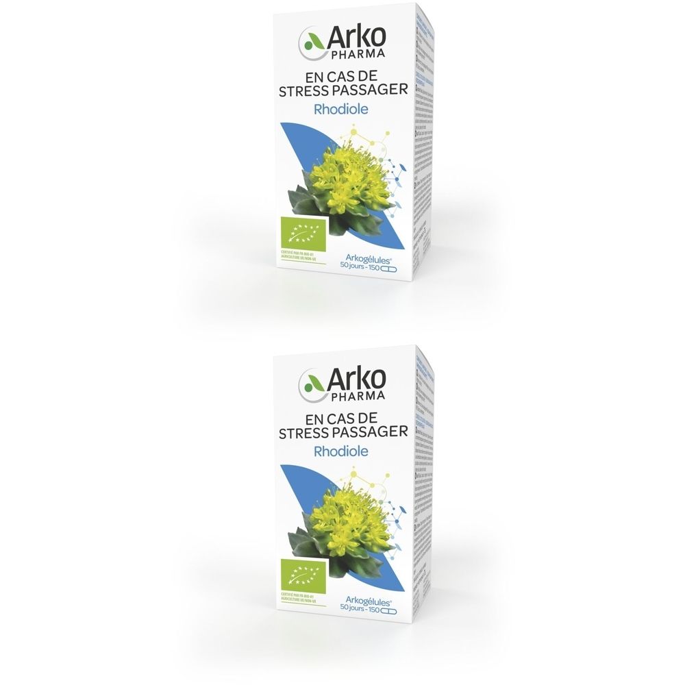 Boîte blanche avec impression. Éléments bleus et verts. Inscription: Arko Pharma, En cas de stress passager, Rhodiole.