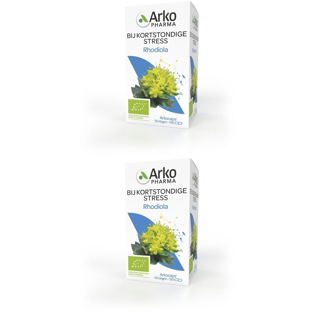 Witte doos met opdruk. Blauwe en groene elementen. Opschrift: Arko Pharma, Bij kortstondige stress, Rhodiole.