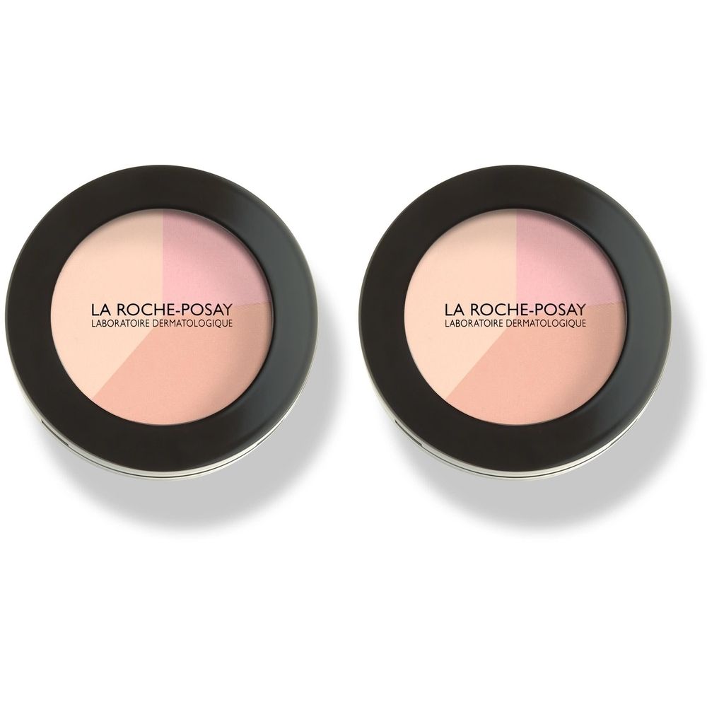 Deux poudriers ronds. Chaque poudrier a un bord noir et une poudre colorée en trois segments. "LA ROCHE-POSAY" est inscrit sur chaque poudrier.
