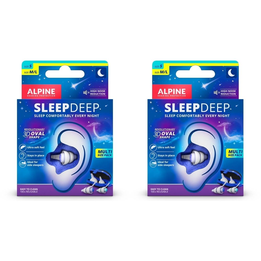 Twee verpakkingen Alpine SleepDeep oordopjes. Blauwe verpakking met productafbeelding en tekst. Multi-maat.