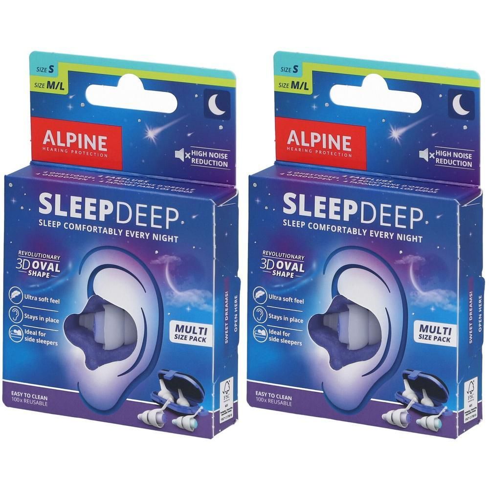 Deux boîtes de bouchons d'oreille Alpine SleepDeep. Emballage bleu avec illustration et texte du produit. Multi-taille.