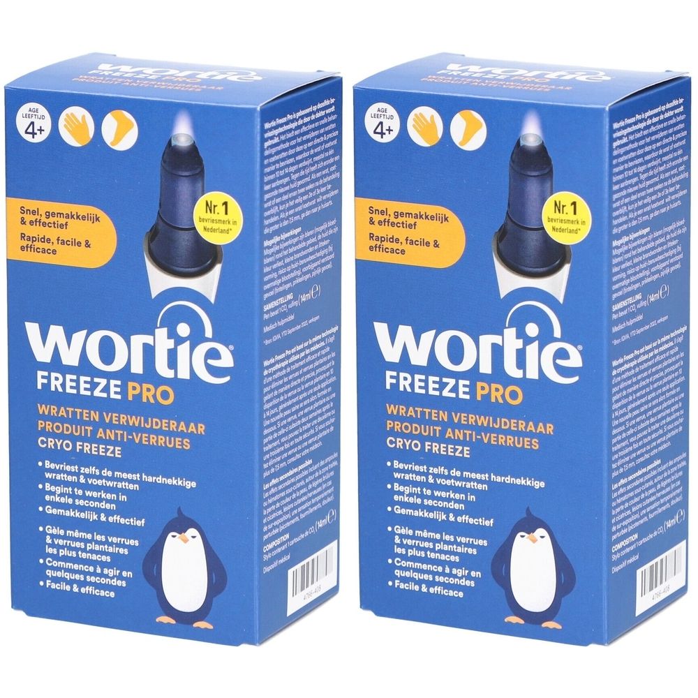 Twee blauwe dozen met de productnaam Wortie Freeze Pro. Opschriften: Nr. 1, pinguïn illustratie, tekst in het Nederlands en Frans.