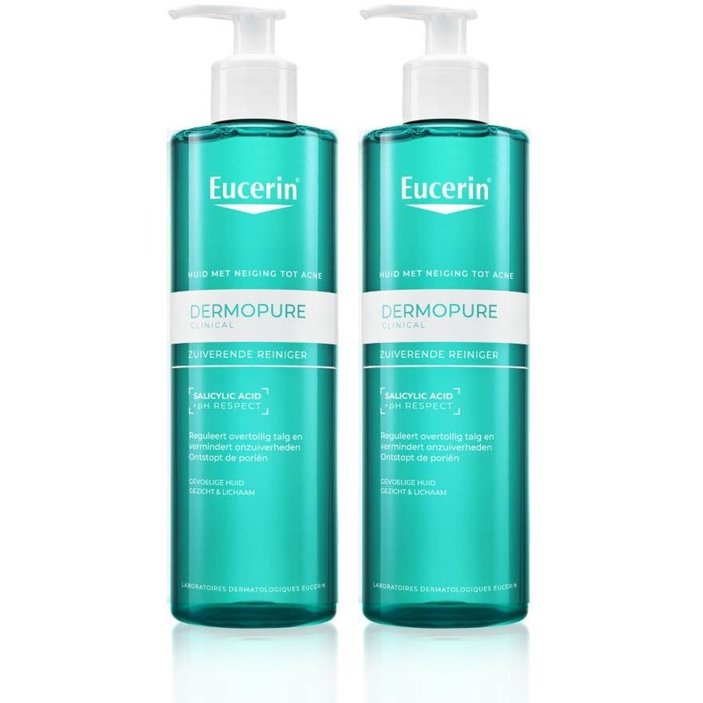 Twee flessen Eucerin DERMOPURE CLINICAL Zuiverende Reiniger. Turquoise flessen met wit etiket en doseerpomp.