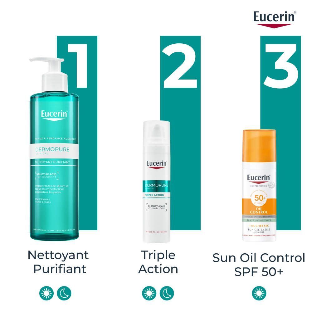 Nettoyant purifiant Eucerin Dermopure, crème Triple Action et protection solaire.