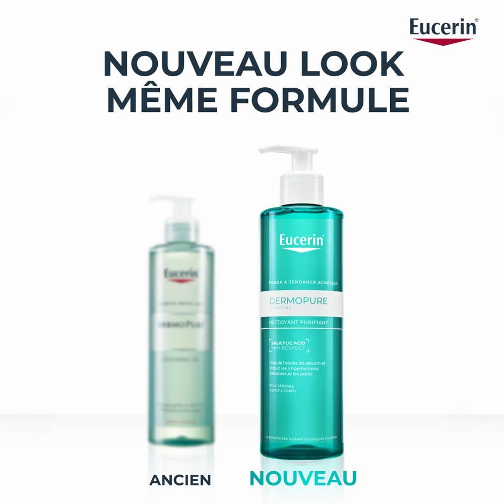 Comparaison de l'ancien et du nouveau nettoyant purifiant Eucerin Dermopure.