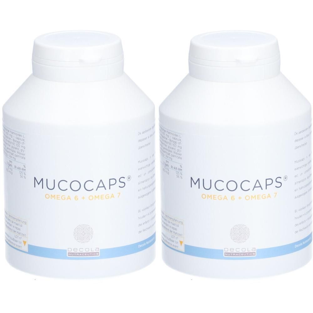 Deux flacons blancs avec l'inscription MUCOCAPS. Inscription: Omega 6 + Omega 7. En dessous: Decola.