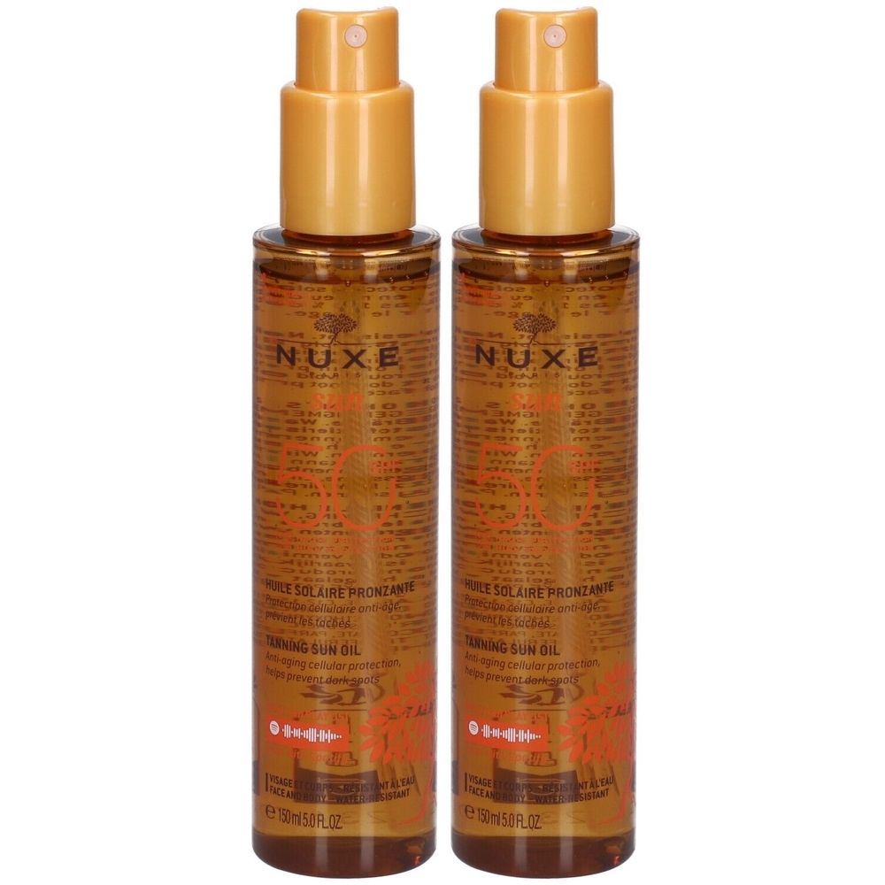 Deux flacons spray de NUXE Huile solaire bronzante SPF 50. Contiennent un liquide doré. Avec bouchon spray doré.