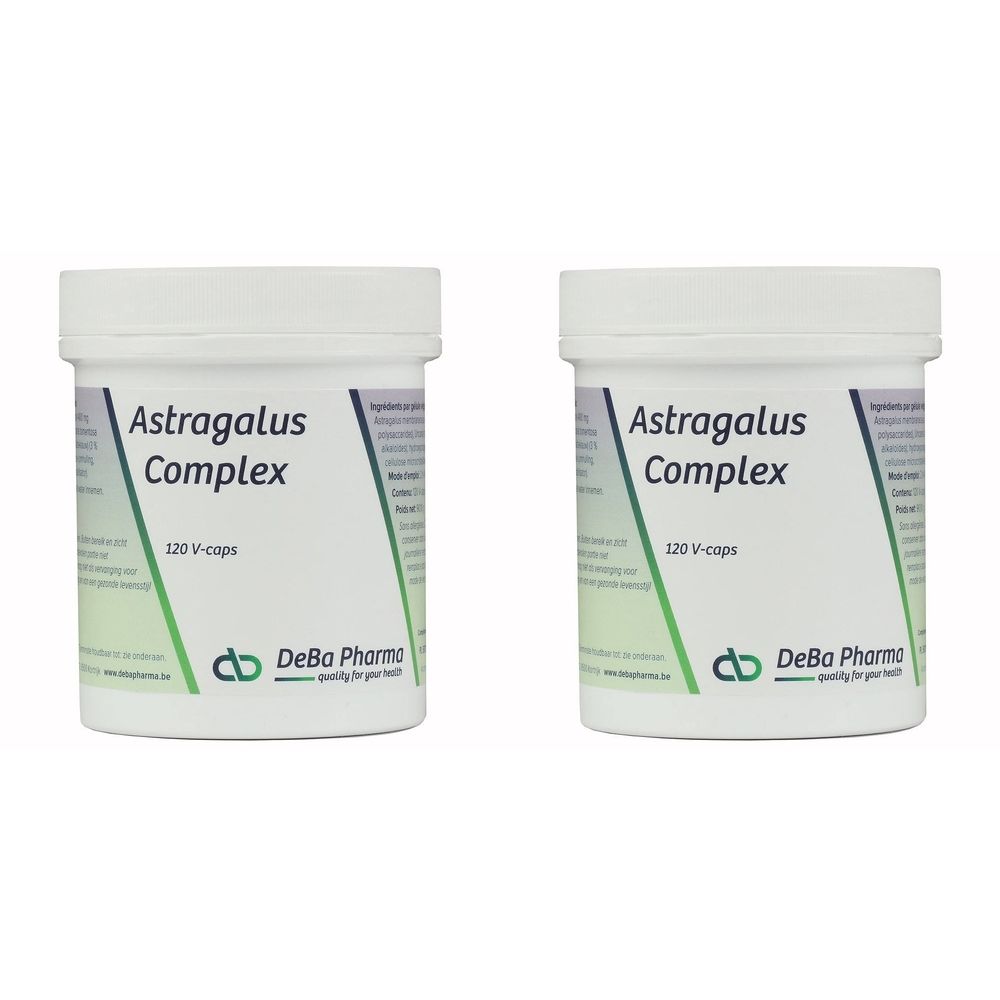 Deux pots blancs avec l'inscription "Astragalus Complex" et "120 V-caps". Logo DeBa Pharma.