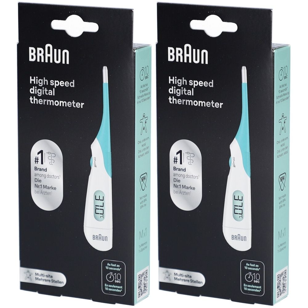 Twee verpakkingen van een digitale thermometer. Op de verpakking staat "BRAUN", "High speed digital thermometer" en "#1 Brand".