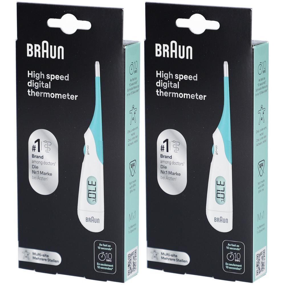 Digitale thermometer in verpakking. Merk Braun. Display, blauw-wit design. Met certificering.