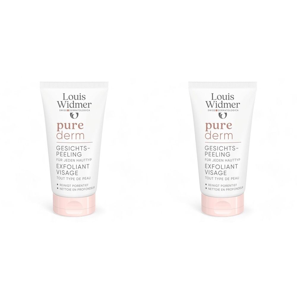 Deux tubes de Louis Widmer Purederm Exfoliant Visage. Tubes blancs avec bouchon rose. Inscription : pure derm, Gesichts-Peeling, Exfoliant Visage.