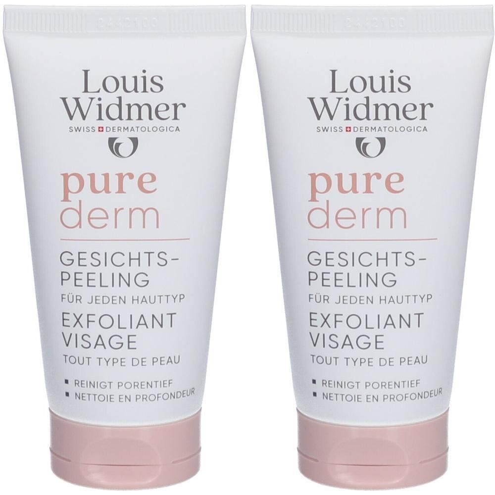 Twee tubes Louis Widmer Purederm Exfoliant Visage. Wit, roze accenten. Opschrift: pure derm, Gesichts-Peeling, Exfoliant Visage.