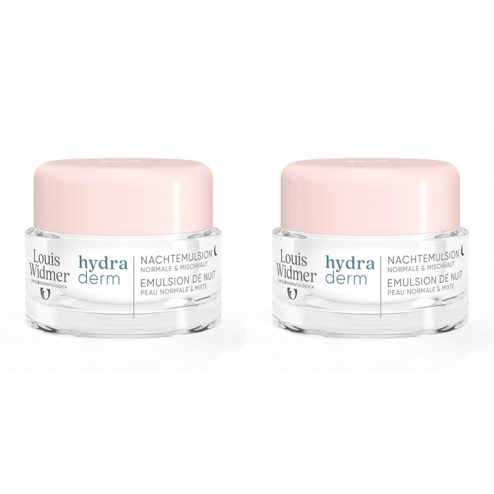 Twee potjes Louis Widmer hydra derm nachtemulsie. Glazen potjes met roze deksel. Opschrift: Normale & gemengde huid.