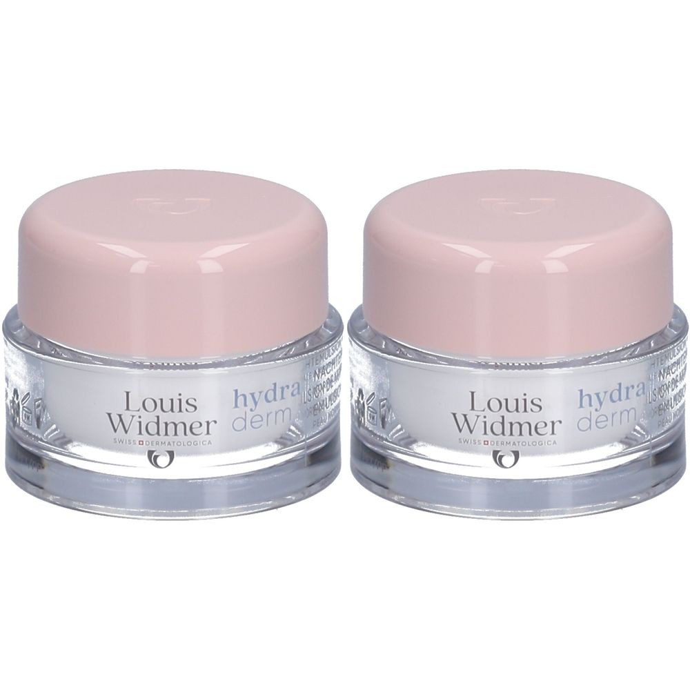 Twee potjes Louis Widmer Hydraderm nachtcrème met roze deksels. Glazen potjes met witte crème. Opschrift op de voorkant.
