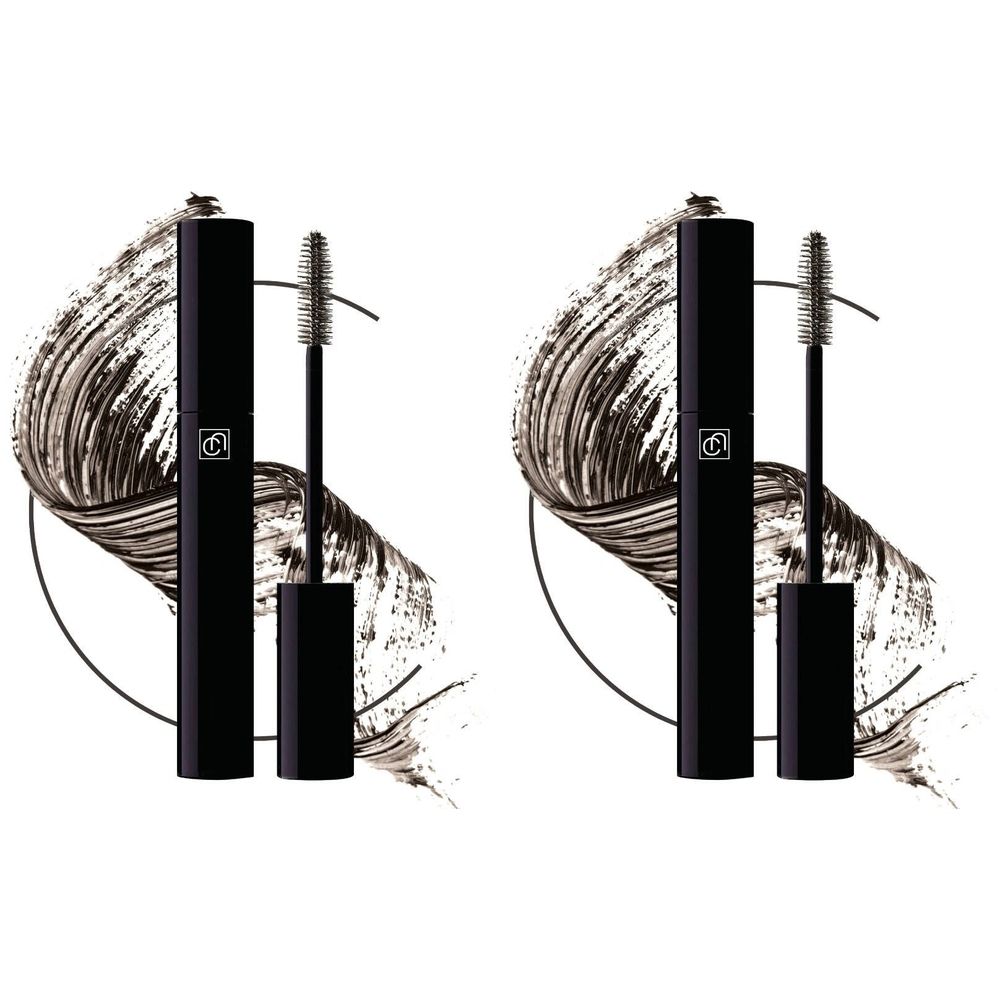 Tube de mascara noir avec brosse. Produit avec des touches de couleur marron. Récipient noir avec logo blanc.
