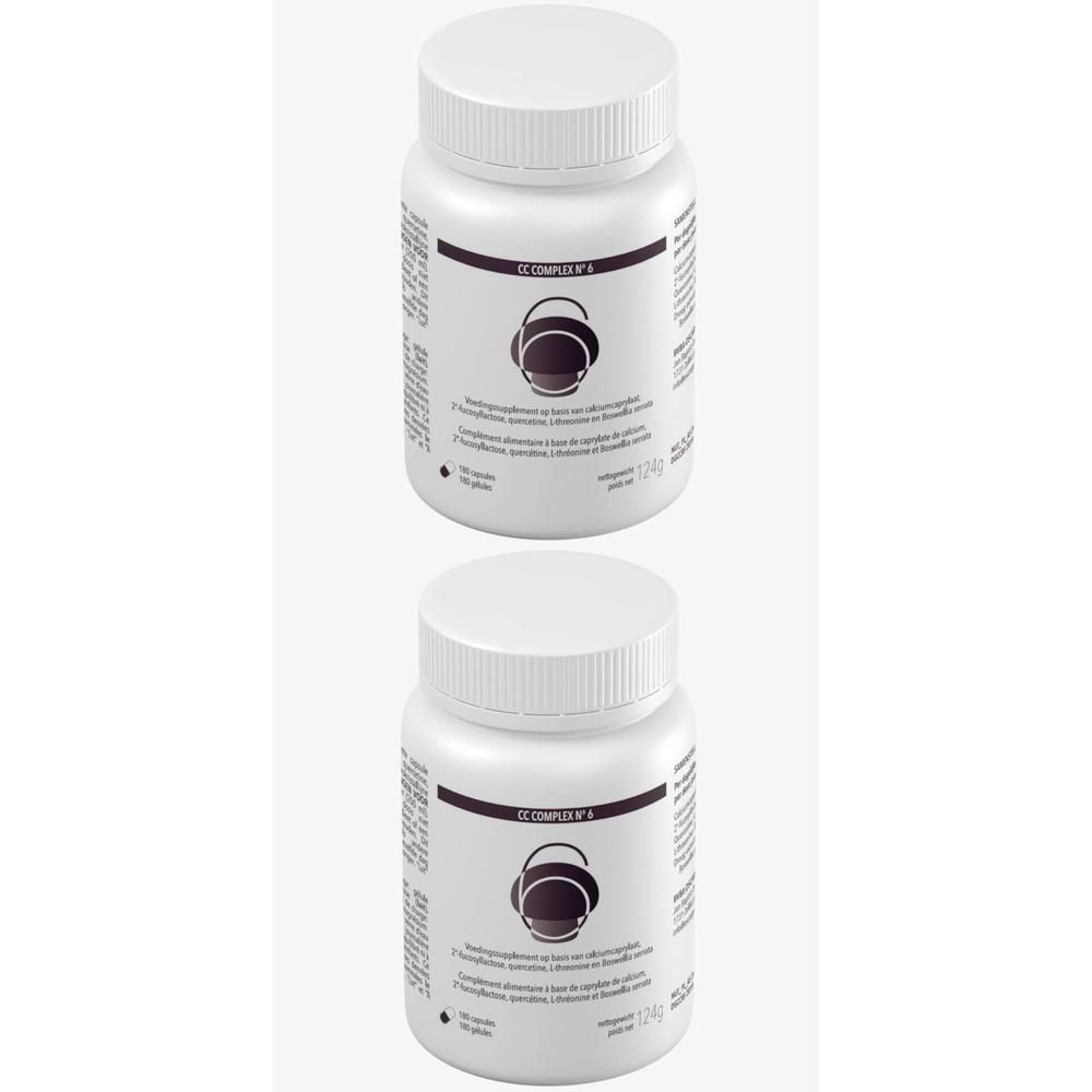 Deux flacons blancs avec étiquettes. Inscription: CC COMPLEX N° 6. Logo marron. Gélules.