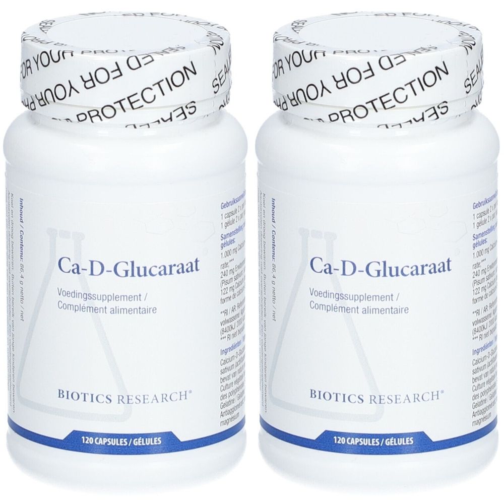 Twee witte flessen met Ca-D-Glucaraat label. Opschrift: BIOTICS RESEARCH. 120 capsules. Verzegeling op deksel.