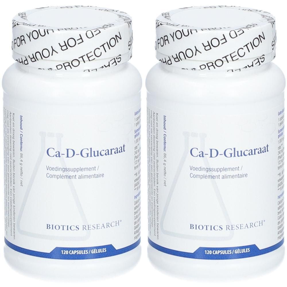 Twee witte flessen met Ca-D-Glucaraat label. Biotics Research logo. 120 capsules. Beschermzegel.
