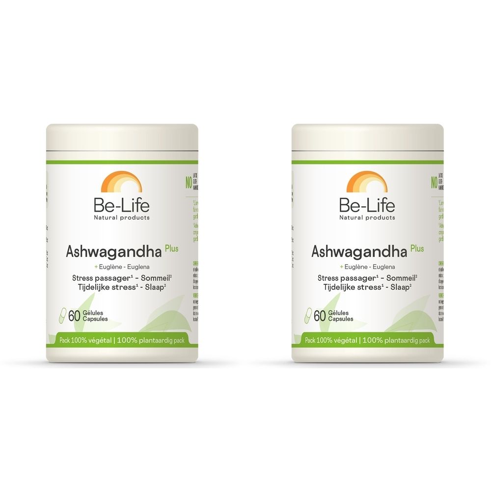 Twee witte potten Ashwagandha Plus. Merk Be-Life, 60 capsules. Groen-oranje design. Tekst in meerdere talen.