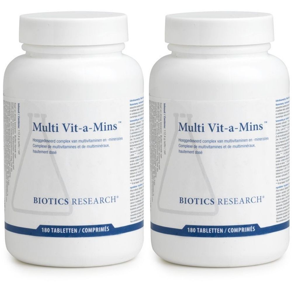 Twee witte flessen met het label "Multi Vit-a-Mins" en het Biotics Research logo. Opschrift: 180 tabletten/comprimés.