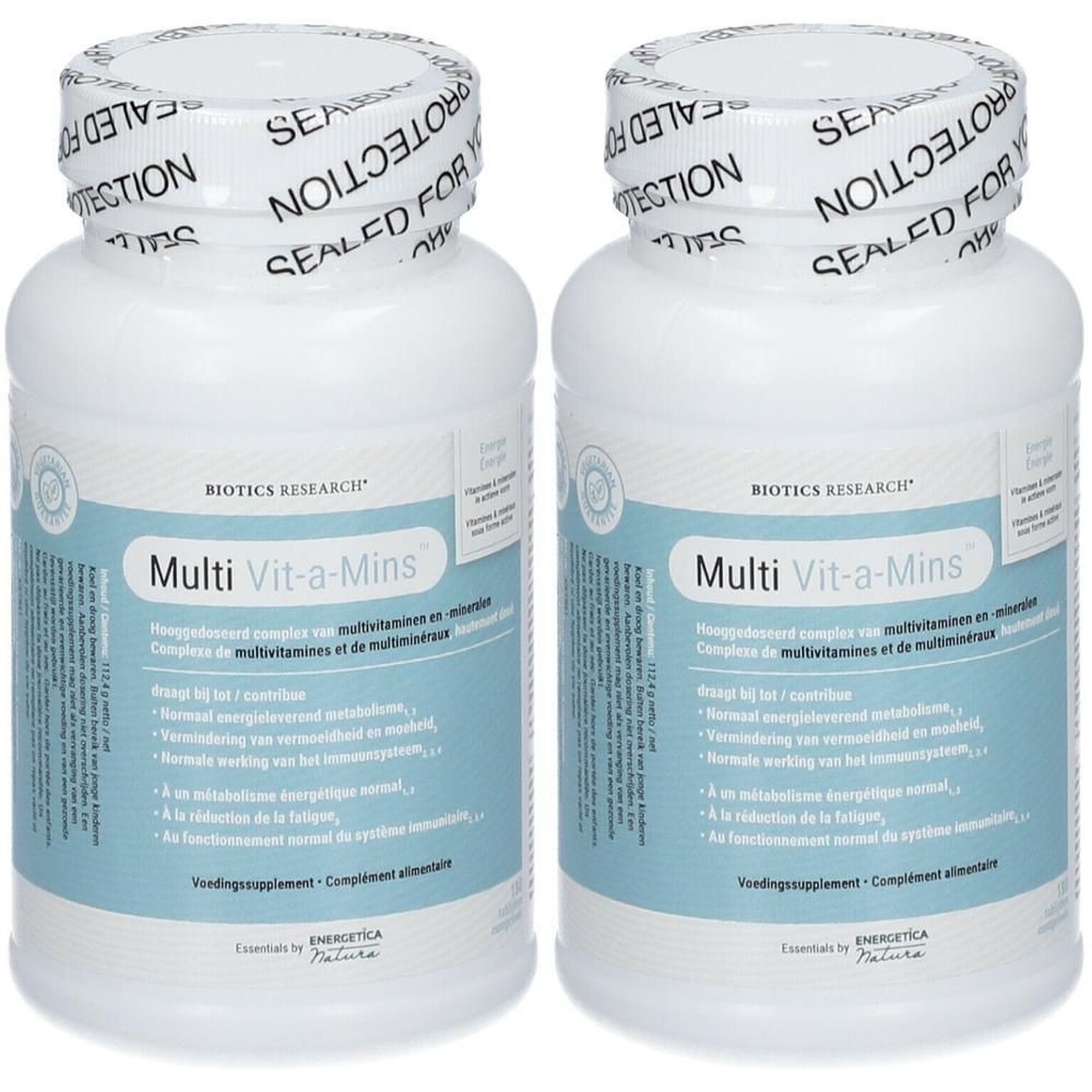 Twee flessen Biotics Research Multi Vit-a-Mins. Witte flessen met blauw-witte etiketten. Zichtbare merknaam en productnaam.