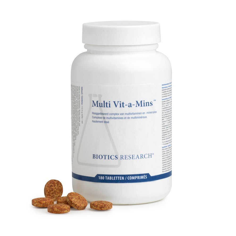 Een fles Biotics Research Multi Vit-a-Mins, 180 tabletten, met enkele tabletten ernaast.