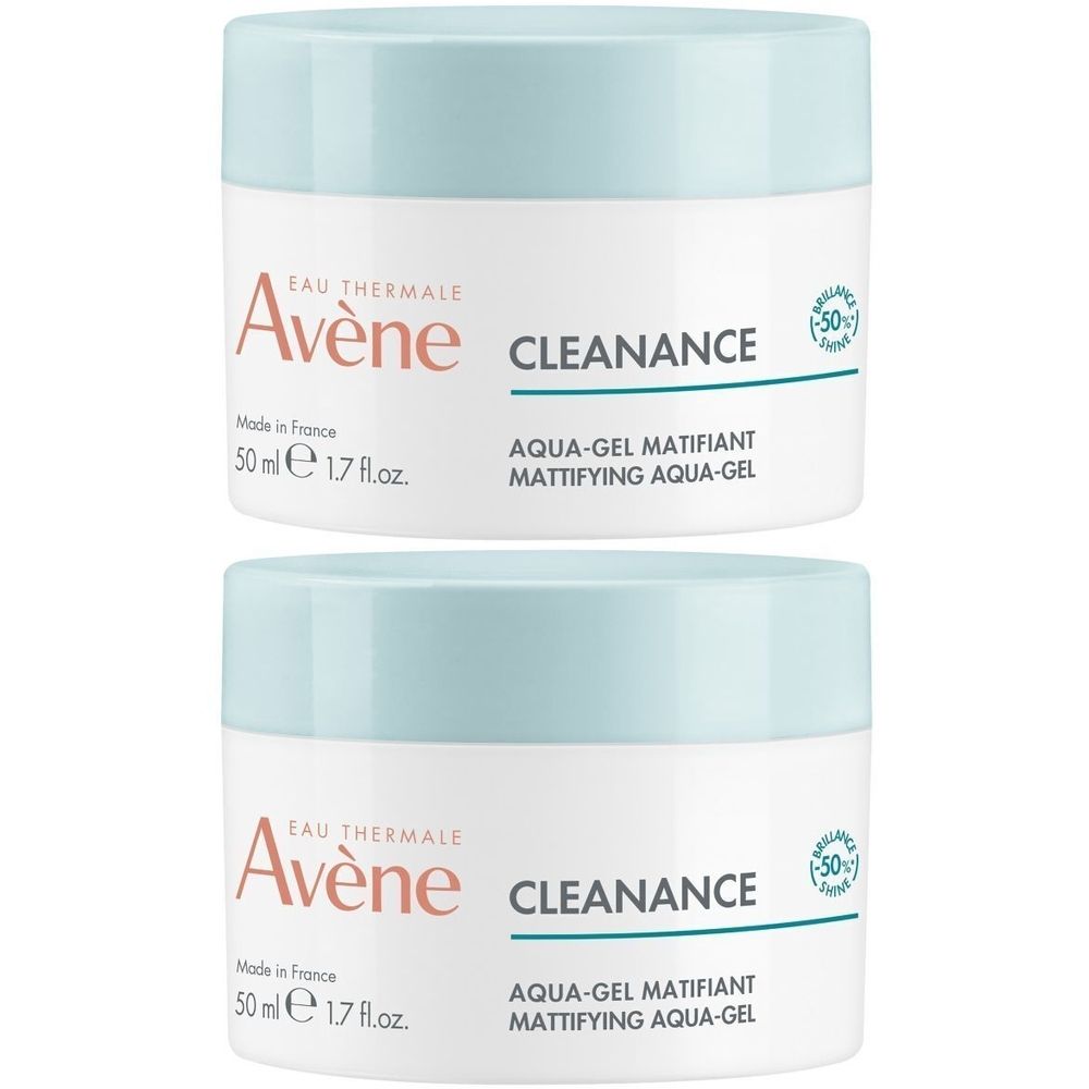 Deux pots de Avène Cleanance Aqua-Gel matifiant. Pots blancs avec couvercles bleu clair. Inscription: Avène, Cleanance, Aqua-Gel matifiant.
