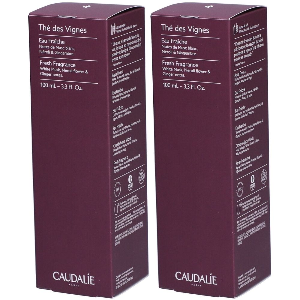 Twee rechthoekige dozen. Opschrift: Thé des Vignes, Eau Fraiche, Fresh Fragrance. Merk: Caudalie. Inhoud: 100 ml.