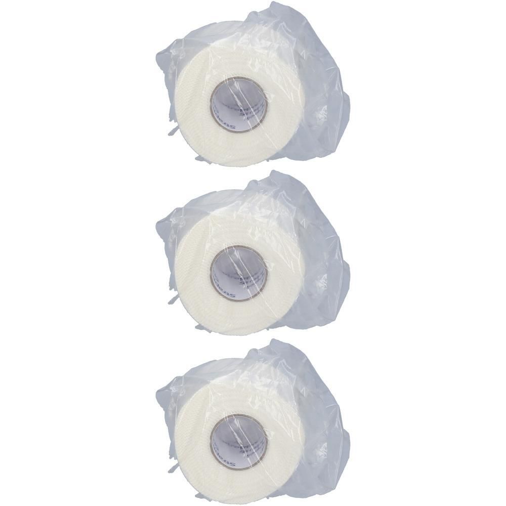 Trois rouleaux de ruban adhésif blanc non élastique, emballés.