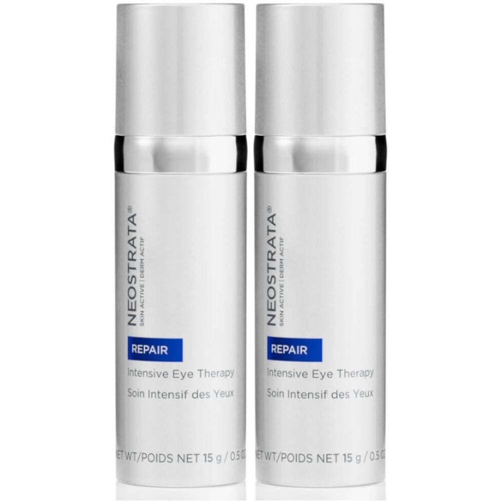 Twee witte flacons met zilveren doppen. Opschrift: NEOSTRATA, REPAIR, Intensive Eye Therapy, Soin Intensif des Yeux.