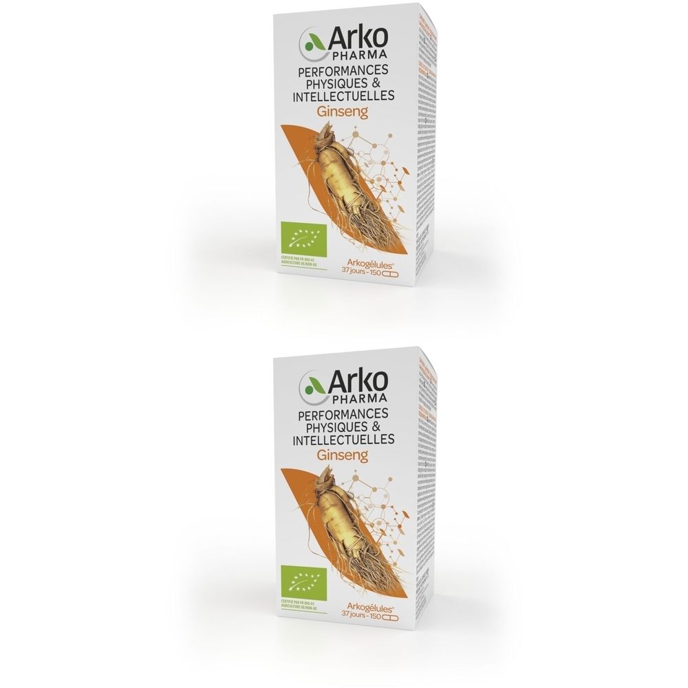 Boîte Arkogélules Ginseng Bio. Inscription: Arkopharma, Ginseng, label bio. Illustration racine de ginseng.