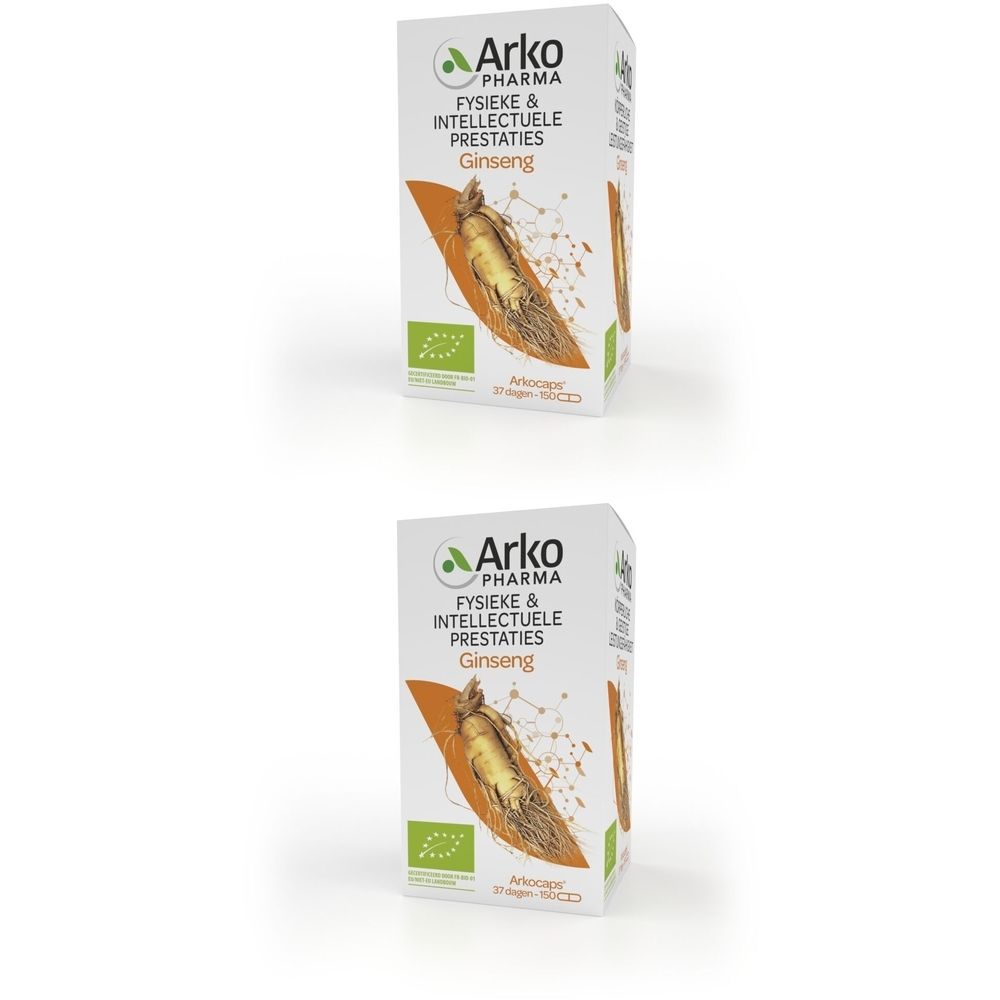 Doosje Arkogélules Ginseng Bio. Opschrift: Arkopharma, Ginseng, bio-label. Illustratie ginsengwortel.