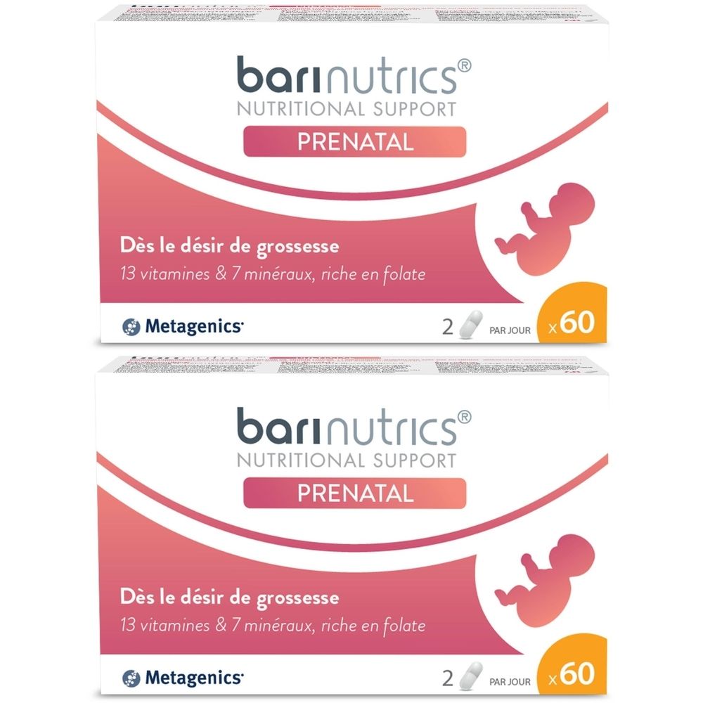 Deux boîtes de Barinutrics Prenatal. Boîtes blanches avec accents roses. Texte: Nutritional Support Prenatal, 13 vitamines & 7 minéraux, riche en folate.