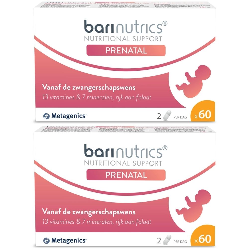 Twee dozen Barinutrics Prenatal. Witte dozen met roze accenten. Tekst: Nutritional Support Prenatal, 13 vitaminen & 7 mineralen, rijk aan folaat.