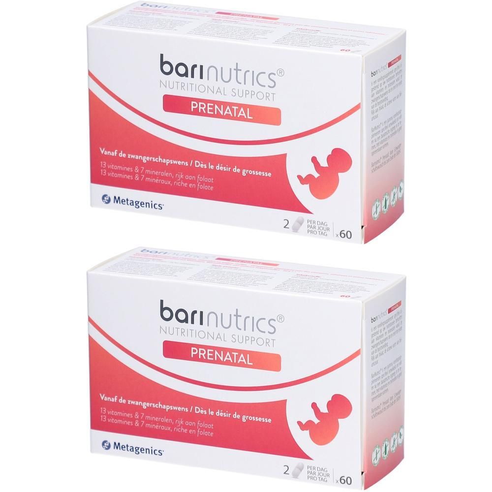 Twee Barinutrics Prenatal-verpakkingen. Witte dozen met rode en oranje graphics. Tekst: Prenatal, Metagenics.