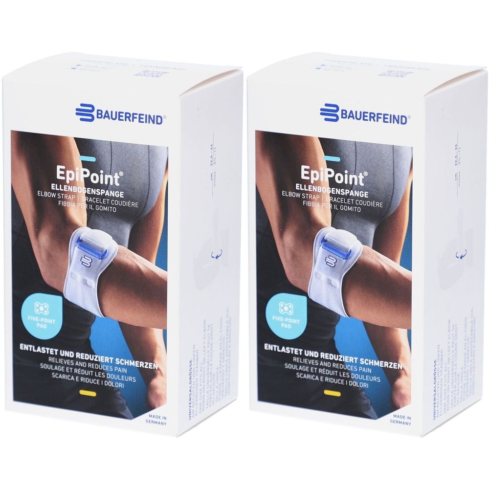 Twee productverpakkingen. Opschrift: EpiPoint elleboogbrace, merk Bauerfeind. Illustratie van een arm met bandage.