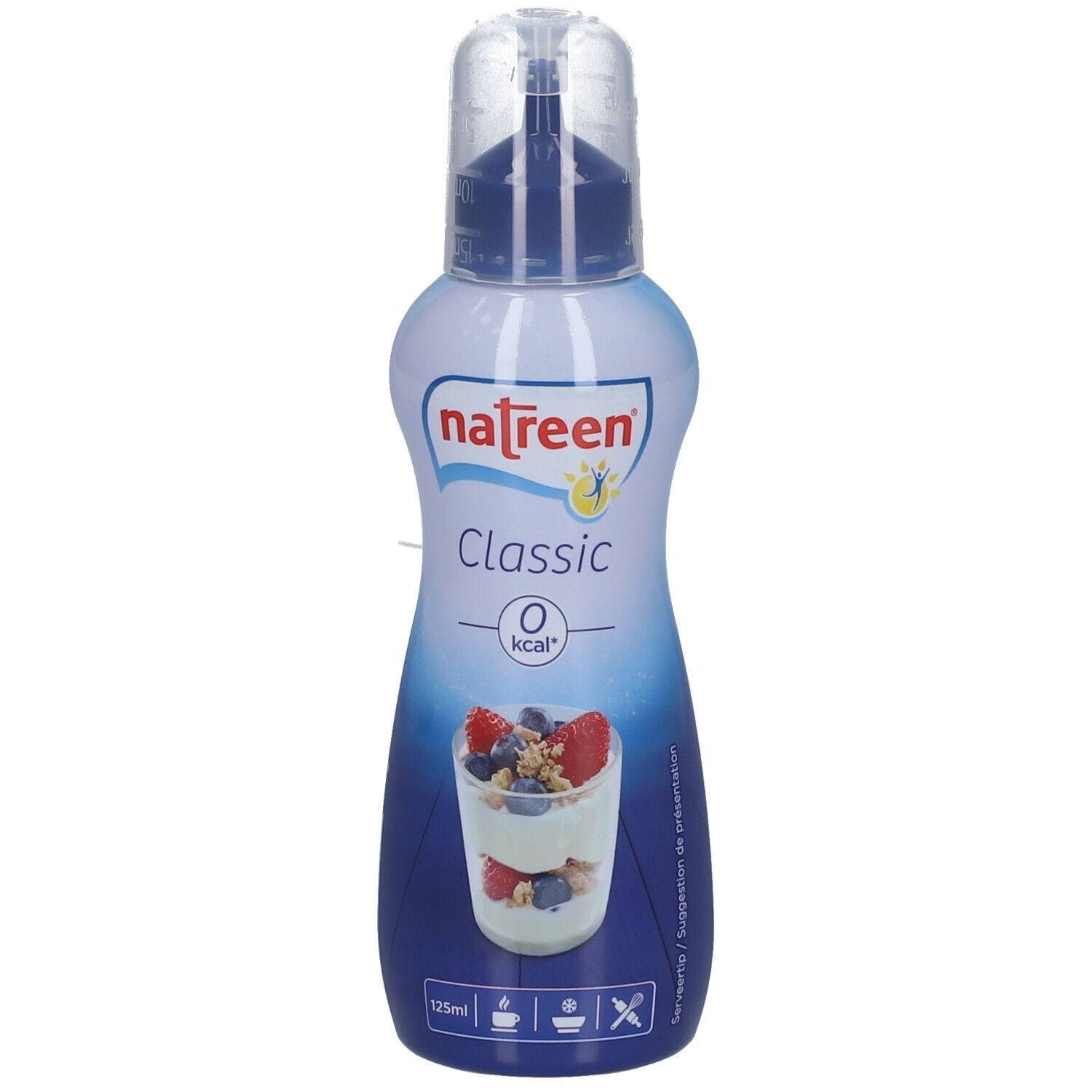 Vloeistof in een blauw-witte fles. Opschrift: Natreen Classic, 0 kcal. Afbeelding van een dessert.