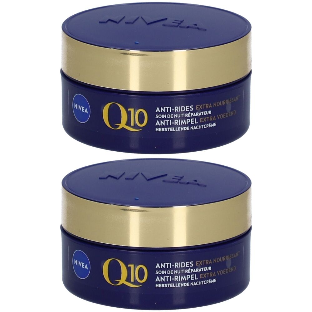 Twee blauwe potten met gouden deksels. Opschrift: NIVEA Q10 Anti-rimpel. Tekst in het Duits, Frans en Nederlands.