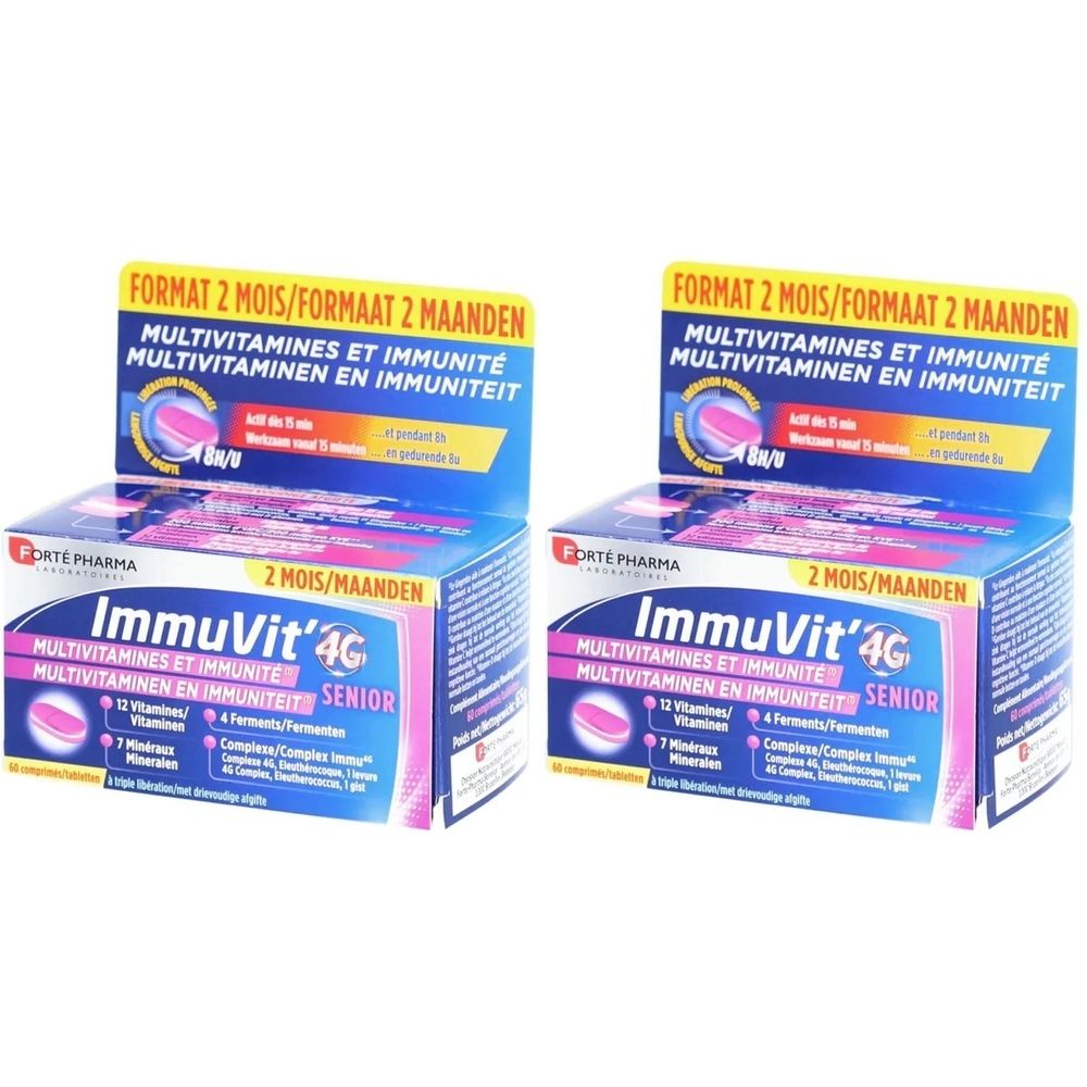Twee dozen Forté Pharma Immuvit' 4G Senior. Blauwe verpakking met productnaam en informatie over vitamines en immuniteit.