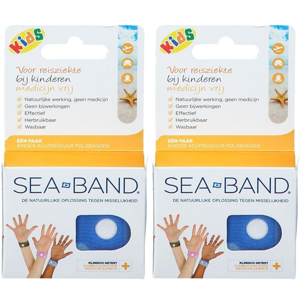 Twee verpakkingen Sea-Band polsbandjes voor kinderen. Blauwe bandjes met witte knop. Verpakking met Nederlandse tekst.