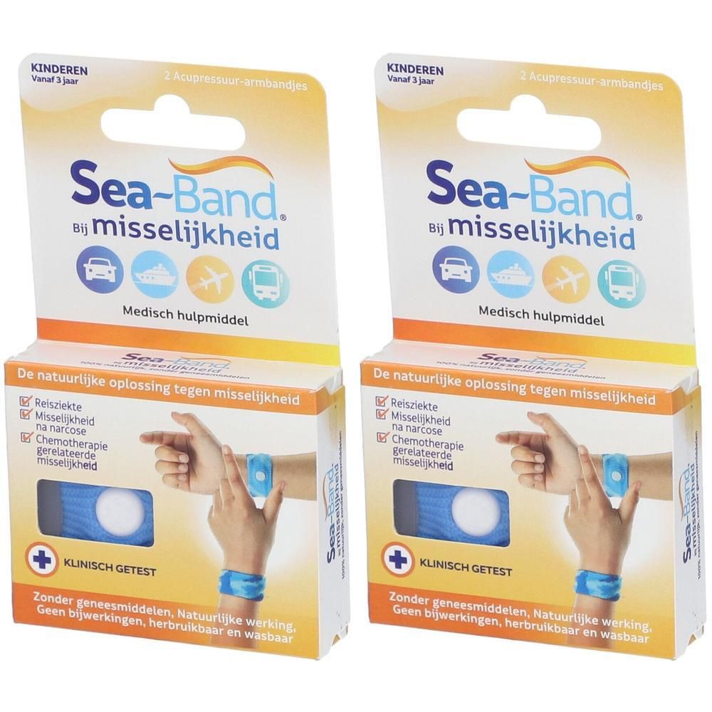 Twee verpakkingen met blauwe Sea-Band polsbandjes. Verpakking met productnaam, illustraties en tekst. Klinisch getest.